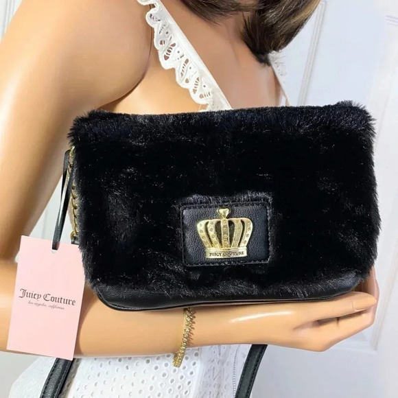 Juicy Couture Black Fur Bag & Heart Pom Pom Keychain Charm Gift Set - Picture 2 of 14